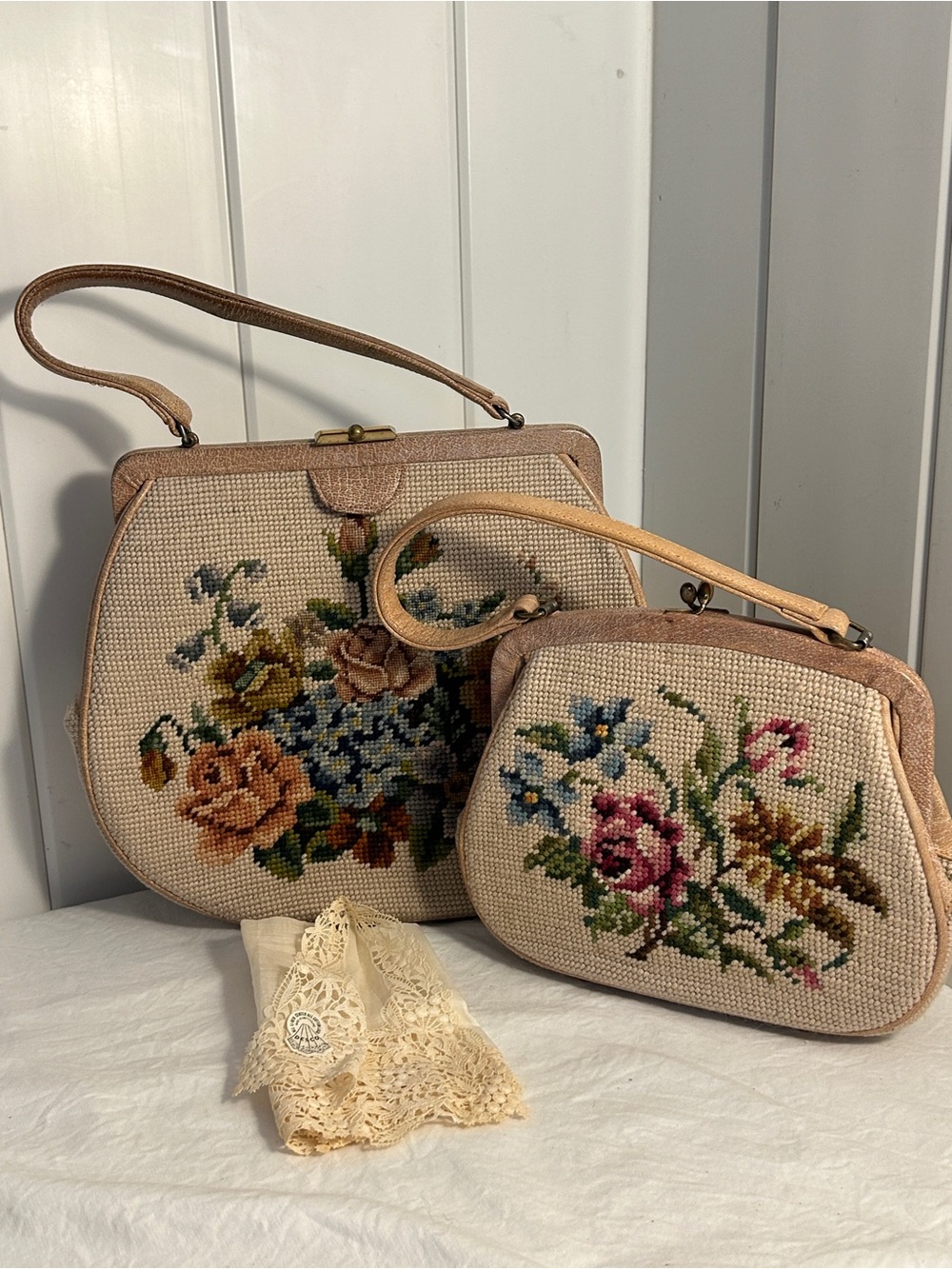 2 VTG handbag completed floral needlepoint kit 1950s bag set heirloom purse MCM